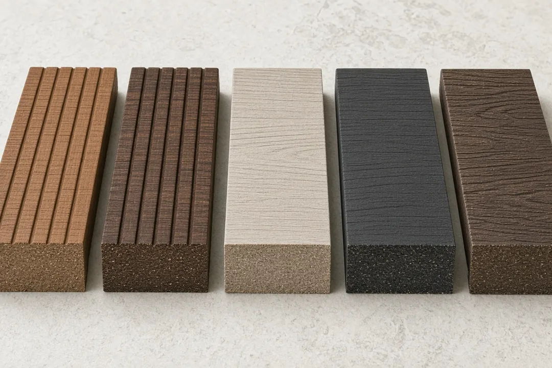Illustrative WPC decking colour and profile samples