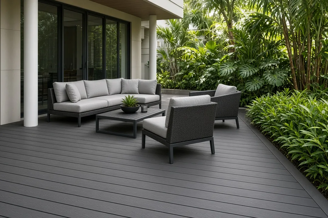 Illustrative light-coloured WPC decking for sunny outdoor spaces